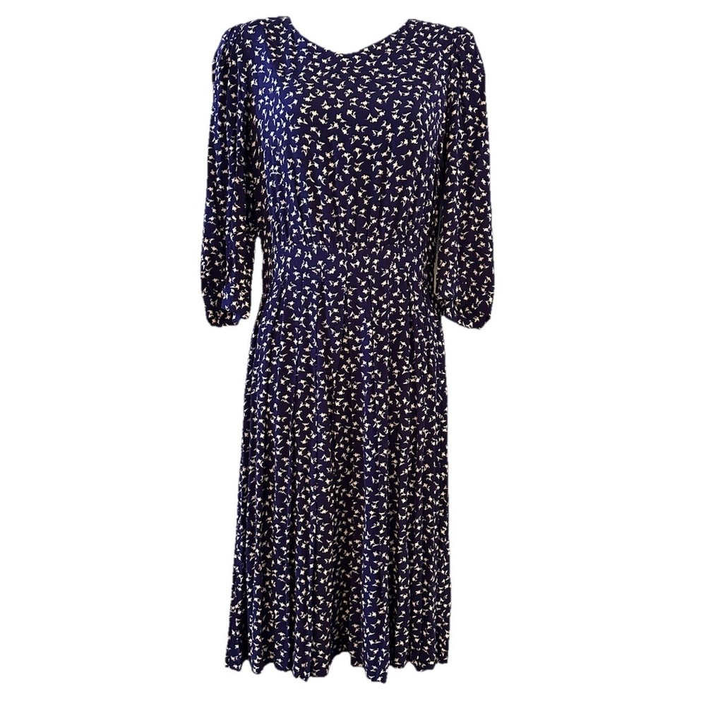 Vintage 80s Janet Simmons Womens Midi Dress Size Small  Purple Floral 100% Rayon